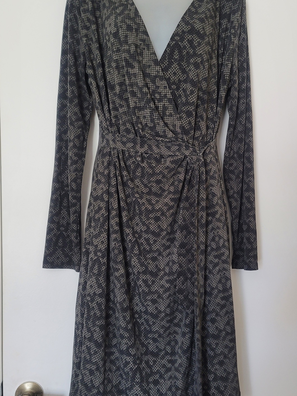 Long Sleeve Grey Patterned Wrap Midi Dress